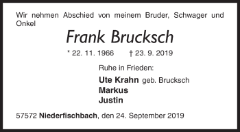 Traueranzeige von Frank Brucksch von Siegener Zeitung