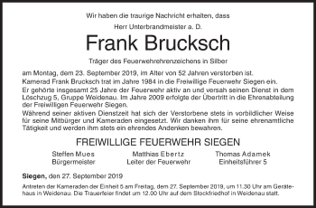 Traueranzeige von Frank Brucksch von Siegener Zeitung