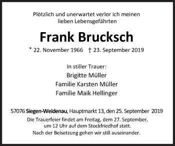 Traueranzeige von Frank Brucksch von Siegener Zeitung