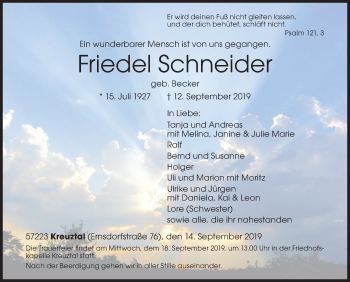 Traueranzeige von Friedel Schneider von Siegener Zeitung