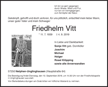 Traueranzeige von Friedhelm Vitt von Siegener Zeitung