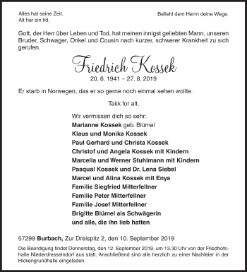 Traueranzeige von Friedrich Kossek von Siegener Zeitung