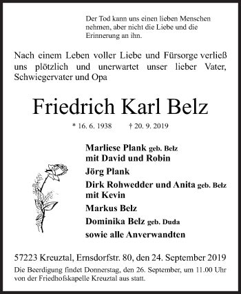 Traueranzeige von Friedrich Karl Belz von Siegener Zeitung