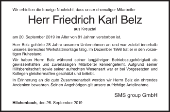 Traueranzeige von Friedrich Karl Belz von Siegener Zeitung