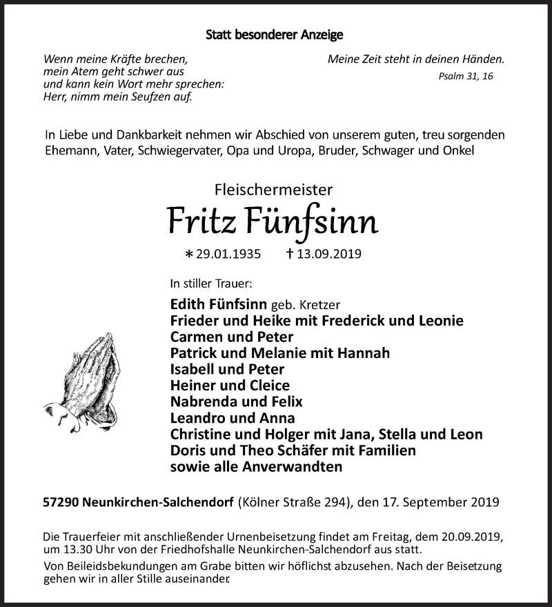  Traueranzeige für Fritz Fünfsinn vom 17.09.2019 aus Siegener Zeitung