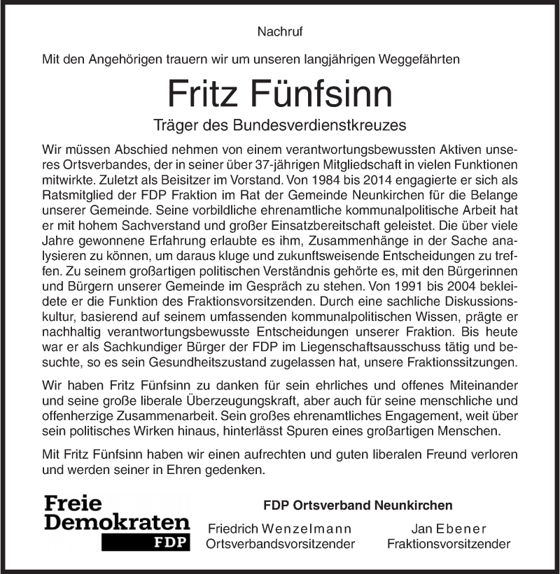  Traueranzeige für Fritz Fünfsinn vom 18.09.2019 aus Siegener Zeitung