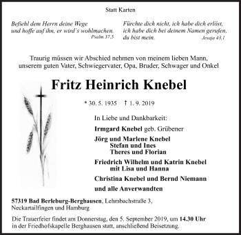 Traueranzeige von Fritz Heinrich Knebel von Siegener Zeitung