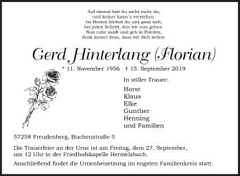 Traueranzeige von Gerd Hinterlang  von Siegener Zeitung