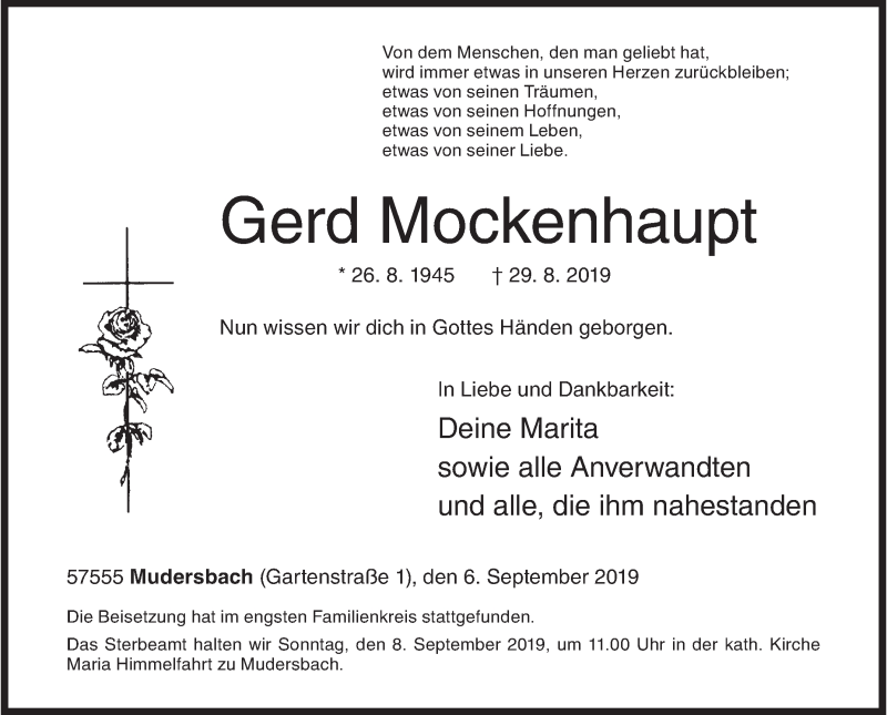  Traueranzeige für Gerd Mockenhaupt vom 06.09.2019 aus Siegener Zeitung
