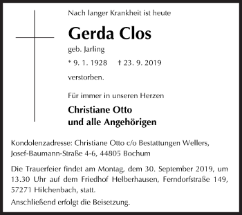 Traueranzeige von Gerda Clos von Siegener Zeitung