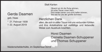 Traueranzeige von Gerda Daamen von Siegener Zeitung