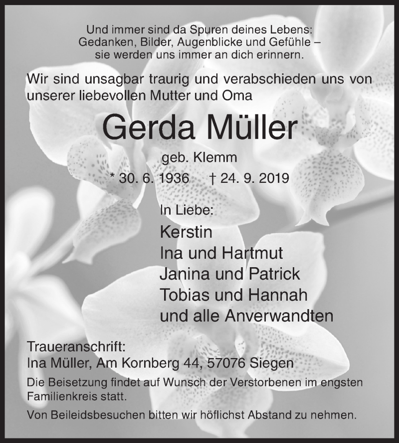  Traueranzeige für Gerda Müller vom 27.09.2019 aus Siegener Zeitung