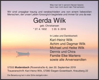 Traueranzeige von Gerda Wilk von Siegener Zeitung