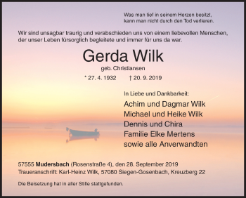 Traueranzeige von Gerda Wilk von Siegener Zeitung
