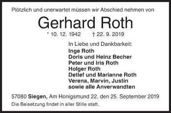 Traueranzeige von Gerhard Roth von Siegener Zeitung