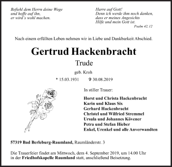 Traueranzeige von Gertrud Hackenbracht von Siegener Zeitung