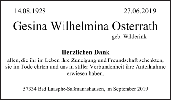 Traueranzeige von Gesina Wilhelmina Osterrath von Siegener Zeitung