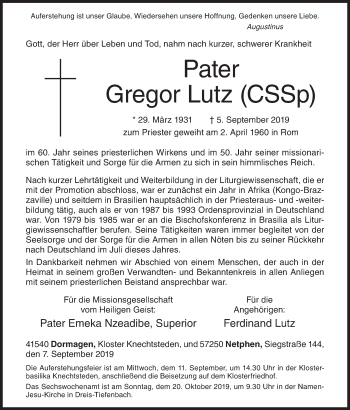 Traueranzeige von Gregor Lutz von Siegener Zeitung