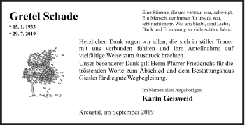 Traueranzeige von Gretel Schade von Siegener Zeitung