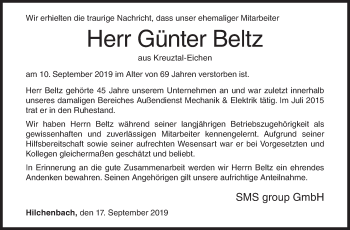 Traueranzeige von Günter Beltz von Siegener Zeitung