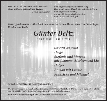 Traueranzeige von Günter Beltz von Siegener Zeitung