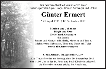 Traueranzeige von Günter Ermert von Siegener Zeitung