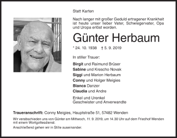 Traueranzeige von Günter Herbaum von Siegener Zeitung