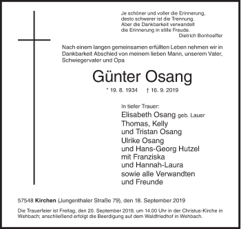 Traueranzeige von Günter Osang von Siegener Zeitung