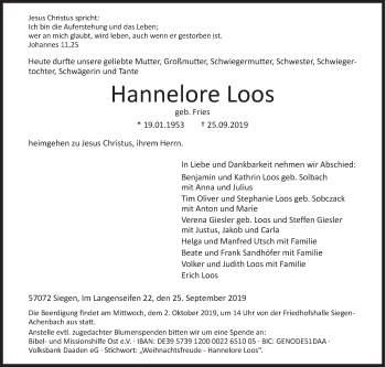 Traueranzeige von Hannelore Loos von Siegener Zeitung