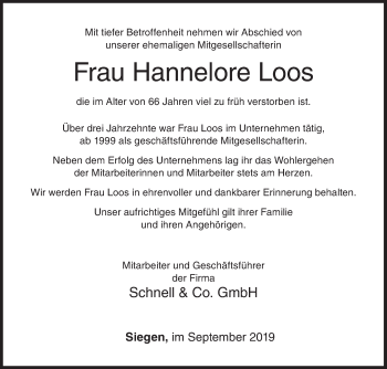Traueranzeige von Hannelore Loos von Siegener Zeitung