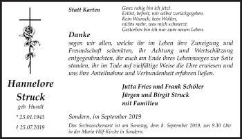 Traueranzeige von Hannelore Struck von Siegener Zeitung