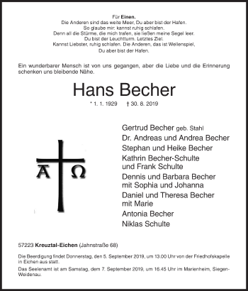 Traueranzeige von Hans Becher von Siegener Zeitung