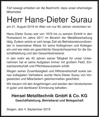 Traueranzeige von Hans-Dieter Surau von Siegener Zeitung
