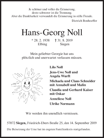 Traueranzeige von Hans-Georg Noll von Siegener Zeitung