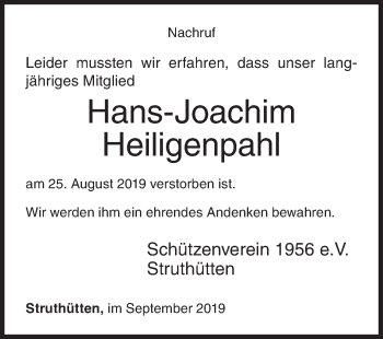 Traueranzeige von Hans-Joachim Heiligenpahl von Siegener Zeitung