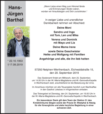 Traueranzeige von Hans-Jürgen Barthel von Siegener Zeitung