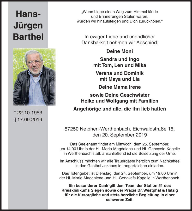  Traueranzeige für Hans-Jürgen Barthel vom 20.09.2019 aus Siegener Zeitung