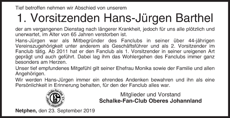  Traueranzeige für Hans-Jürgen Barthel vom 23.09.2019 aus Siegener Zeitung