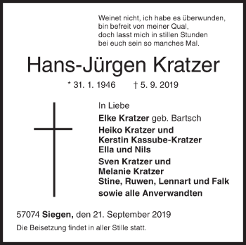 Traueranzeige von Hans-Jürgen Kratzer von Siegener Zeitung