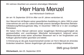 Traueranzeige von Hans Menzel von Siegener Zeitung