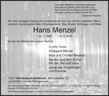 Traueranzeige von Hans Menzel von Siegener Zeitung
