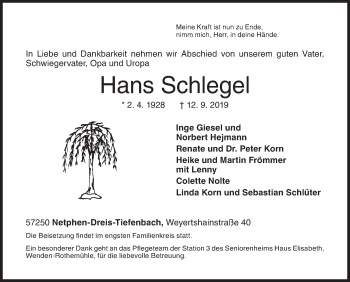 Traueranzeige von Hans Schlegel von Siegener Zeitung