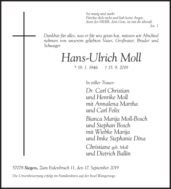 Traueranzeige von Hans-Ulrich Moll von Siegener Zeitung