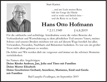 Traueranzeige von Hans Otto Hofmann von Siegener Zeitung