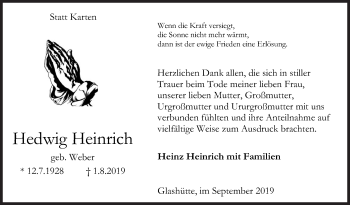 Traueranzeige von Hedwig Heinrich von Siegener Zeitung