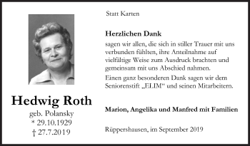 Traueranzeige von Hedwig Roth von Siegener Zeitung
