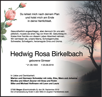 Traueranzeige von Hedwig Rosa Birkelbach von Siegener Zeitung