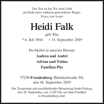 Traueranzeige von Heidi Falk von Siegener Zeitung