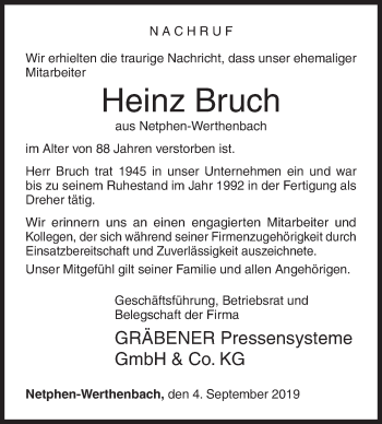 Traueranzeige von Heinz Bruch von Siegener Zeitung