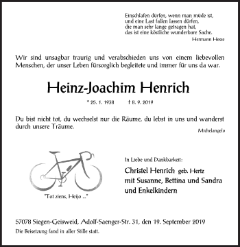 Traueranzeige von Heinz-Joachim Henrich von Siegener Zeitung
